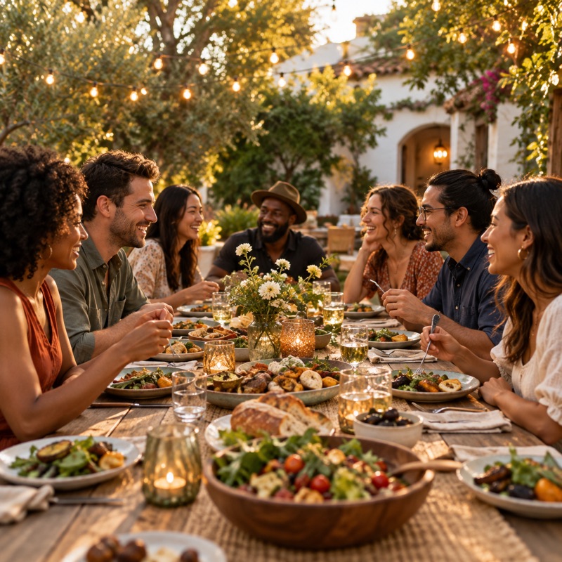 A community gathered around a shared farm-to-table dinner