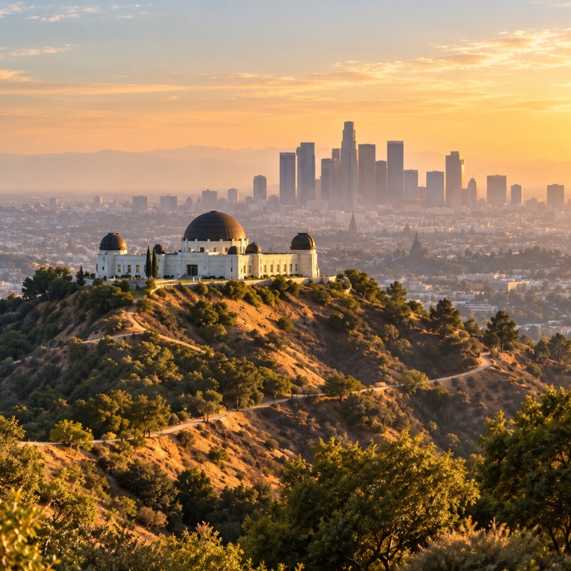 Griffith Observatory above the Los Angeles skyline at sunset