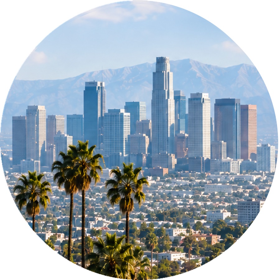 The Los Angeles skyline under a clear sky