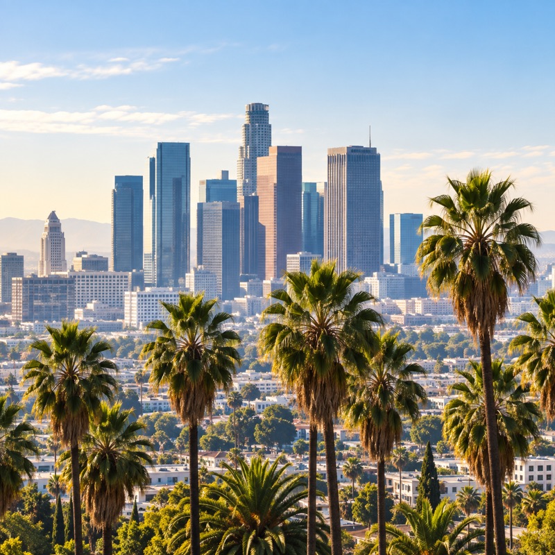 Downtown Los Angeles skyline seen through palm trees