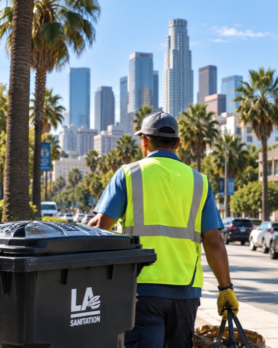 A sanitation worker collecting waste on a Los Angeles street